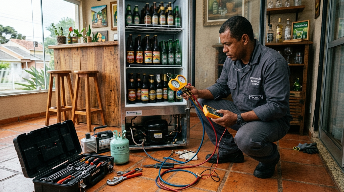 Profissional executando reparo no motor de cervejeira no Samapi, Teresina‑PI