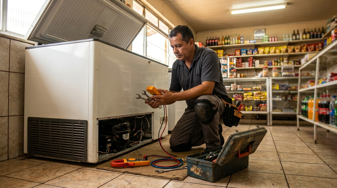 Profissional executando manutenção no motor de freezer no Samapi, Teresina‑PI