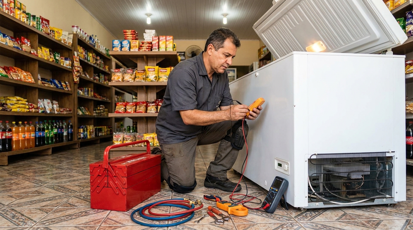 Recarga de gás refrigerante no freezer durante atendimento no Samapi, Teresina‑PI