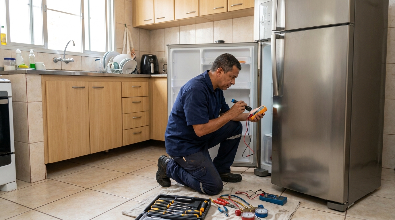 Técnico aplicando recarga de gás refrigerante em geladeira em Teresina‑PI