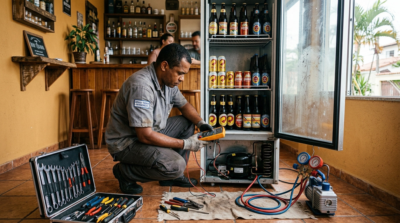 Substituição de termostato de cervejeira em serviço técnico no Samapi, Teresina‑PI