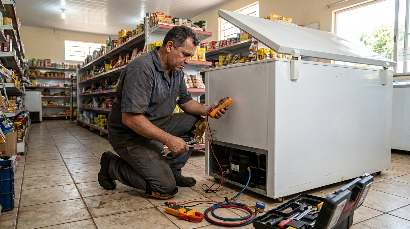 Substituição de termostato de freezer em visita técnica no Samapi, Teresina‑PI